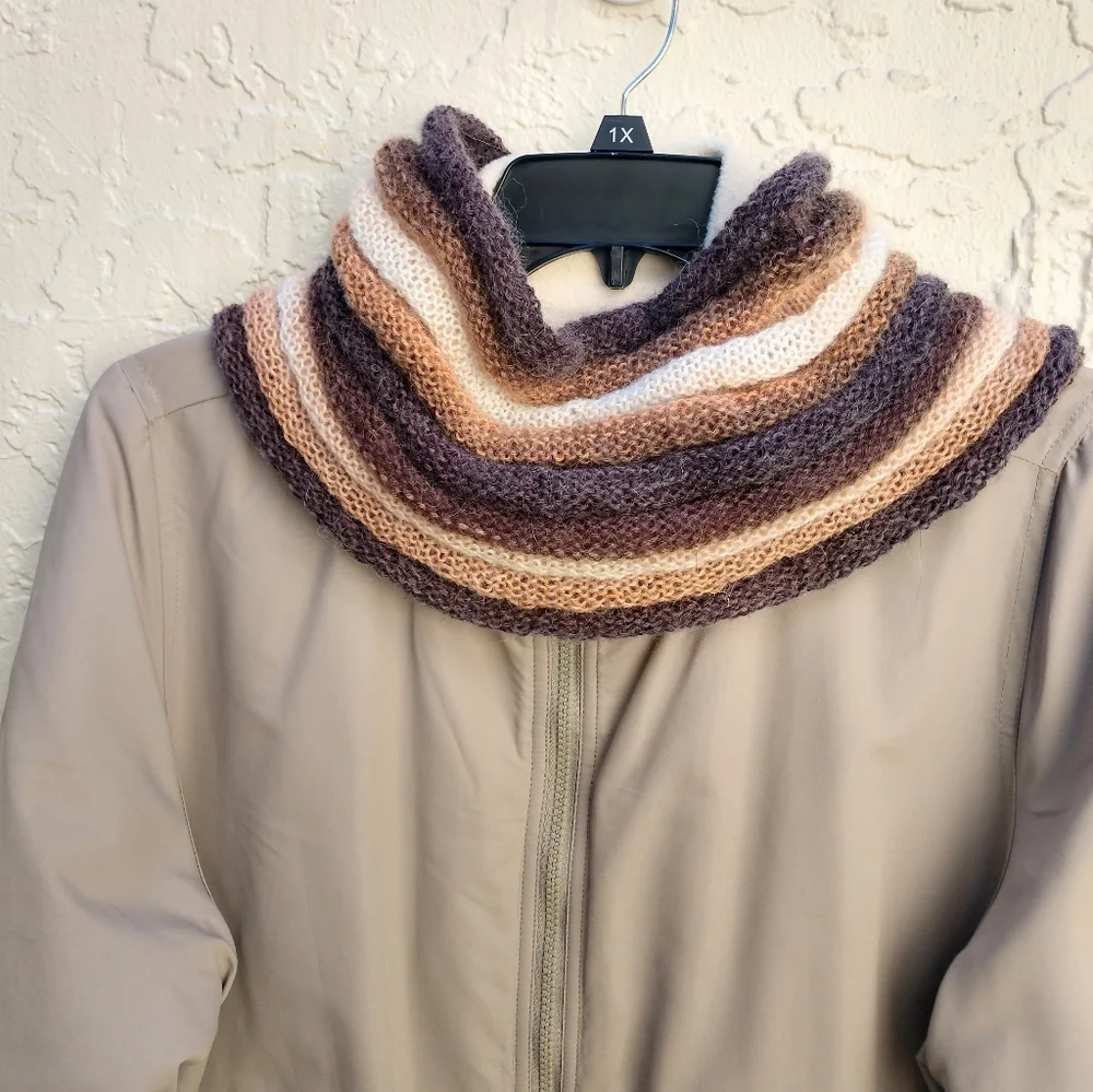 Cowl Scarf Hand Crafted Thin Knit Brown Tan Cream Stripes Hooded Winter Stripes